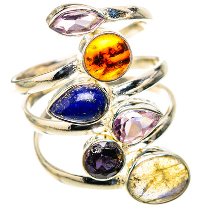 Sterling silver multistone ring with purple marquise, amber, blue, pink, black and yellow gems