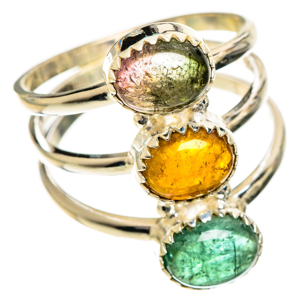 Sterling silver tourmaline ring with 3 prong-set stones in green, yellow, and green