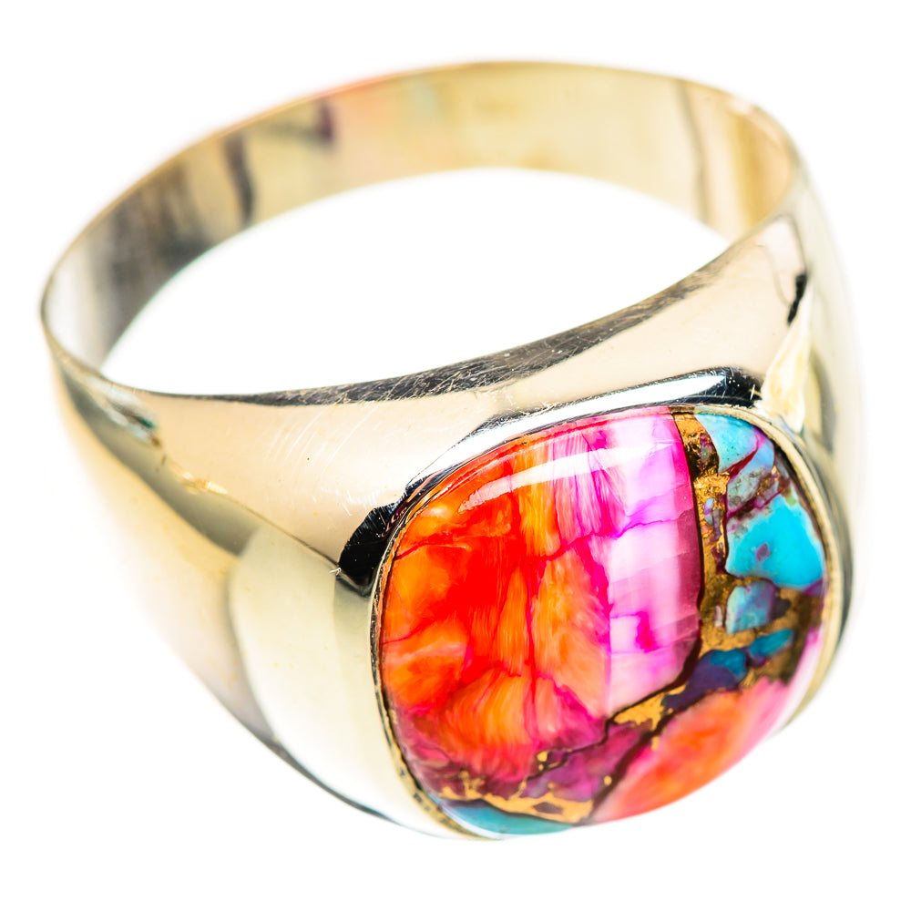 Sterling silver statement ring with oval multicolor stone and turquoise blue side panel