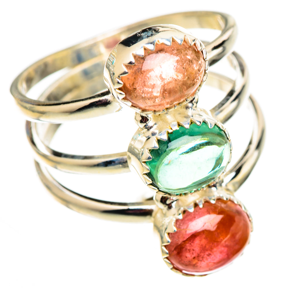Sterling silver tourmaline ring with oval orange, green, and red stones, size 10.75