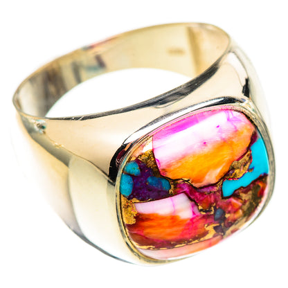 Sterling silver ring with oval multicolor opal-style bezel inset, side view