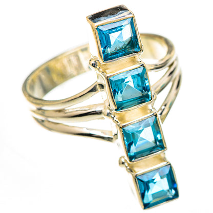 925 sterling silver ring with four square blue topaz gemstones, bezel-set