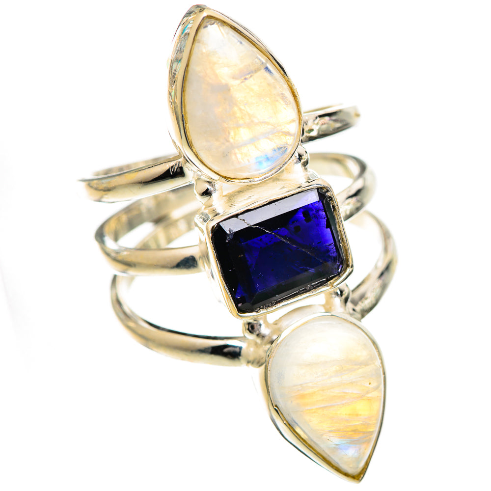 925 sterling silver ring with dark blue square gemstone and two opalescent oval stones