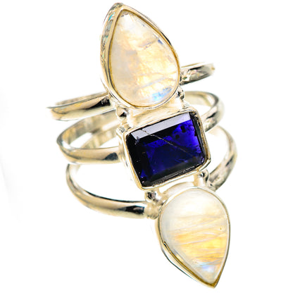 925 sterling silver ring with dark blue square gemstone and two opalescent oval stones