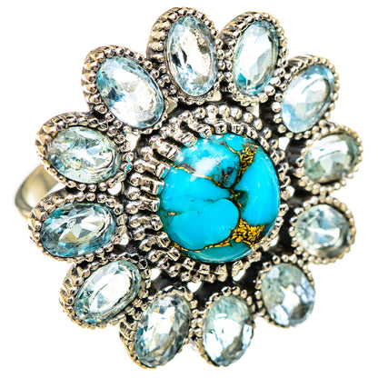 Ornate turquoise and blue gemstone cluster ring with oval stones, sterling silver setting