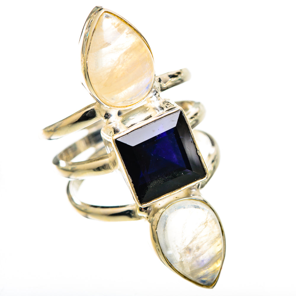 Sterling silver ring with faceted square dark gemstone and two opalescent oval stones