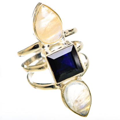 Sterling silver ring with faceted square dark gemstone and two opalescent oval stones