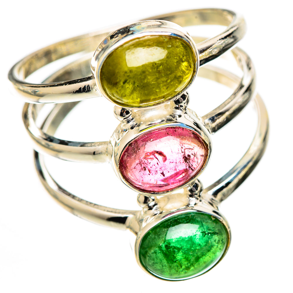 925 sterling silver three-stone tourmaline ring with oval green, pink, and yellow stones, size 11