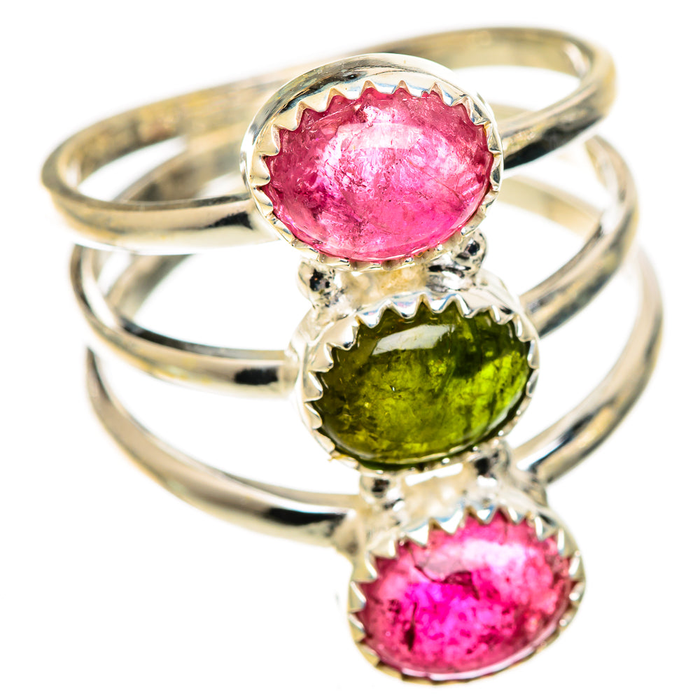 925 sterling silver tourmaline ring with three oval stones: pink, green, pink