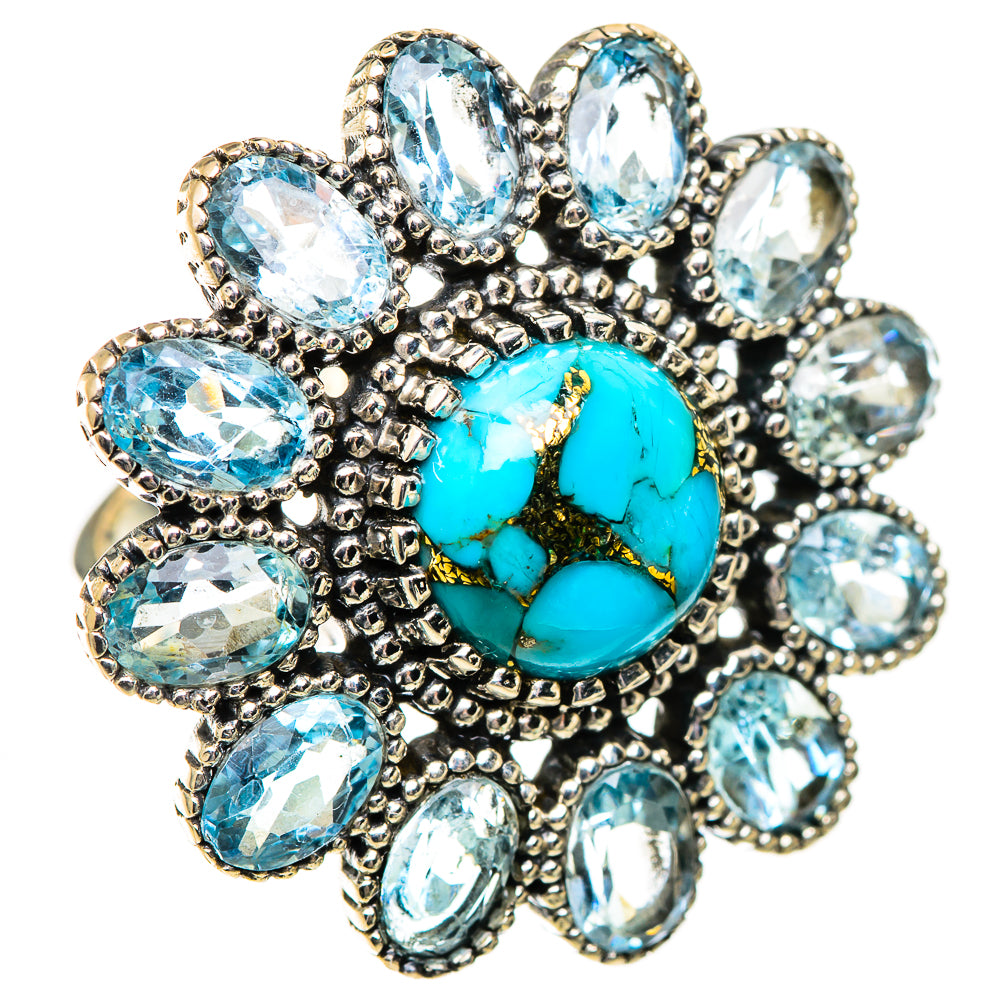 Statement turquoise oval ring with surrounding oval blue gemstones and silver-tone prongs