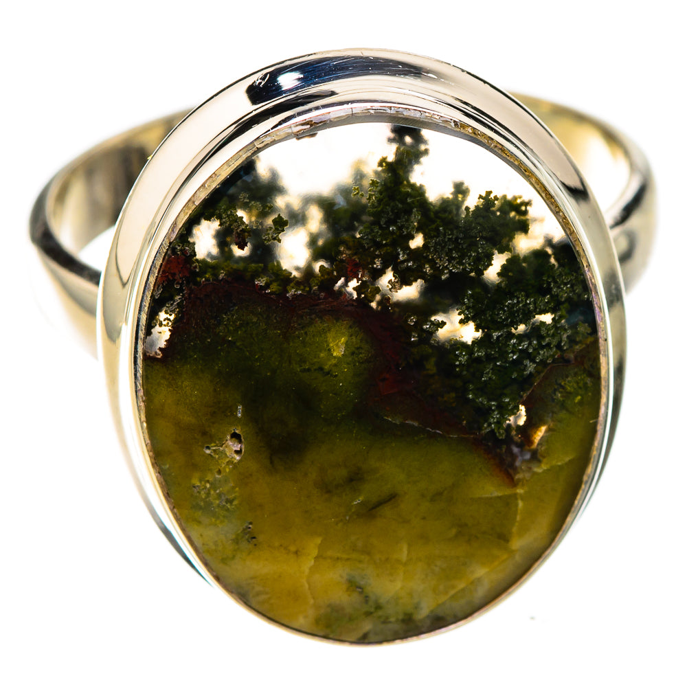Oval green plume agate cabochon ring in polished 925 sterling silver, bezel set