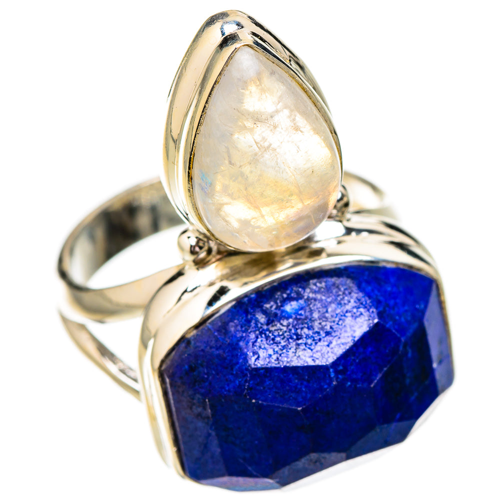 Sterling silver ring showing opalescent moonstone teardrop above blue faceted lapis
