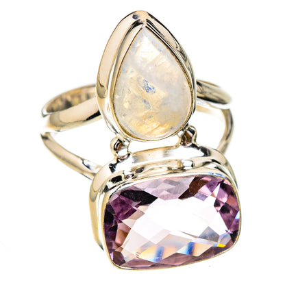 Sterling silver double teardrop ring with iridescent moonstone and faceted amethyst