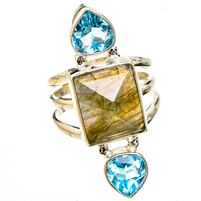925 sterling silver ring with square labradorite and blue topaz heart-shaped stones