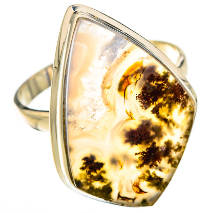 Large sterling silver plume agate oval ring with amber dendrite inclusions