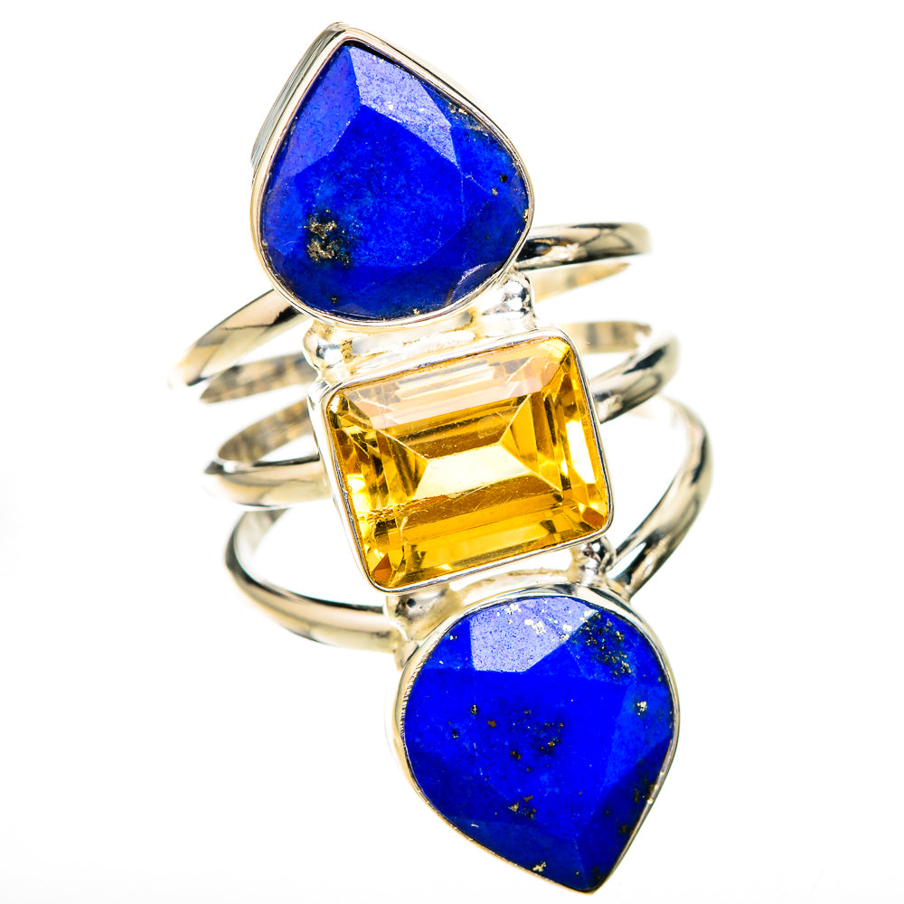 Sterling silver statement ring with three faceted stones: blue lapis teardrops and yellow square