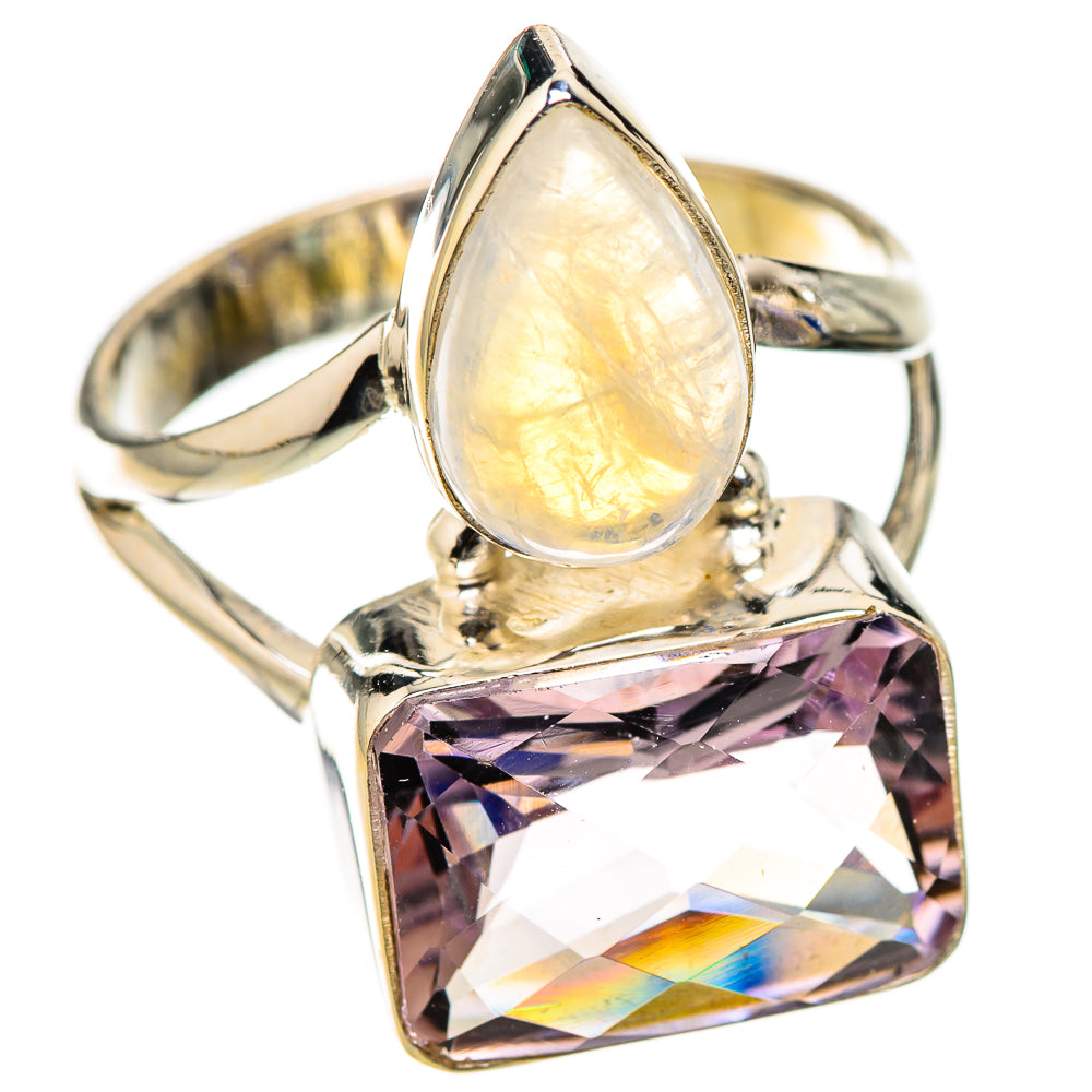 Sterling silver ring with iridescent teardrop gemstone and faceted pink-violet square gem