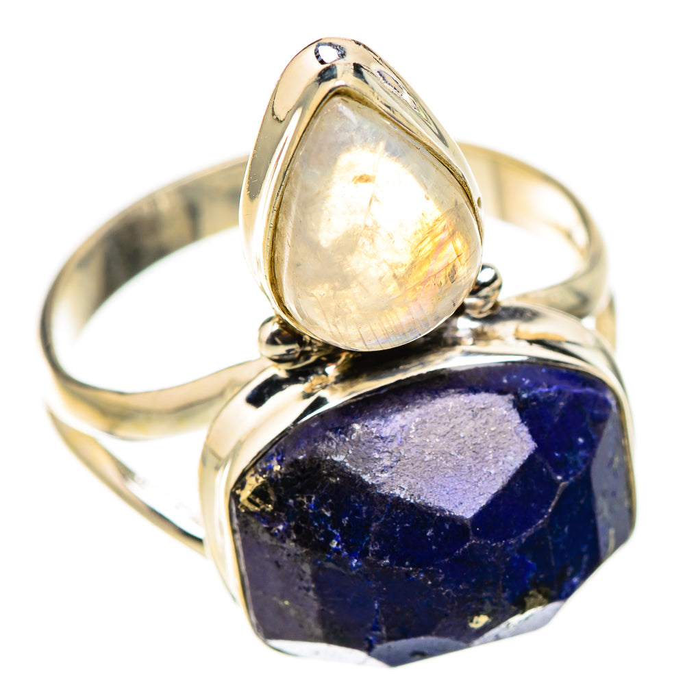 Teardrop moonstone and blue lapis lazuli double-stone ring in 925 sterling silver