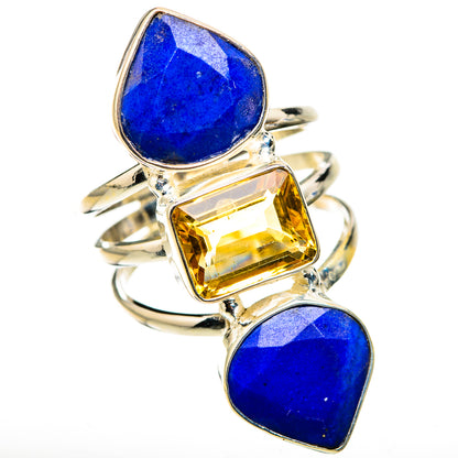 Sterling silver statement ring with blue lapis heart stones and yellow square citrine