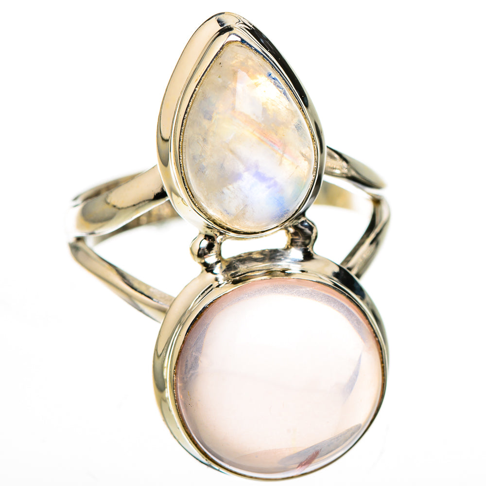 Sterling silver oval ring with iridescent white moonstone and pale pink stone