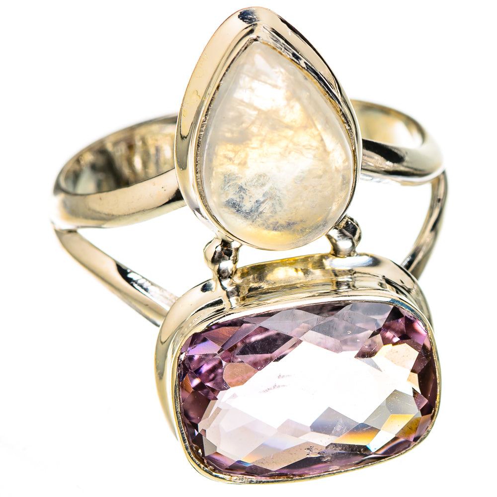 Sterling silver ring with heart-shaped faceted amethyst and teardrop rainbow moonstone