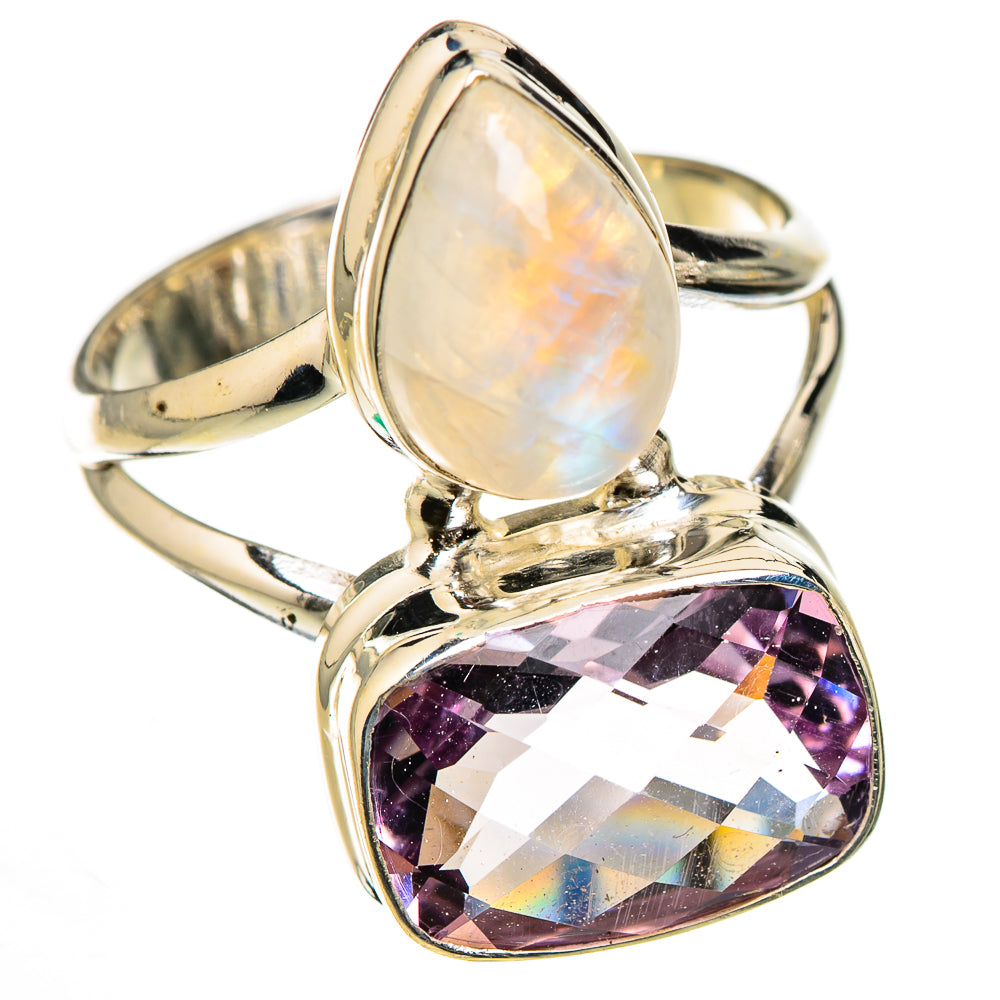 Sterling silver ring with teardrop opal moonstone and faceted purple amethyst