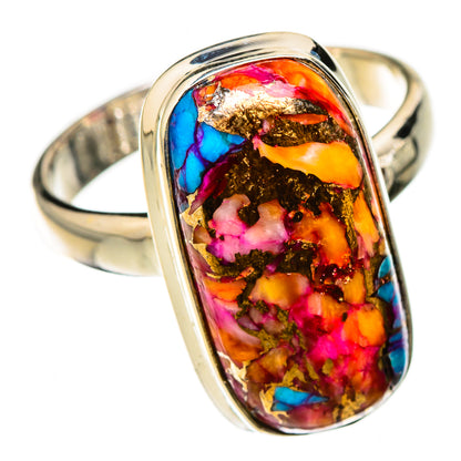 Sterling silver ring with oval multicolor gemstone cabochon in blue, pink, orange
