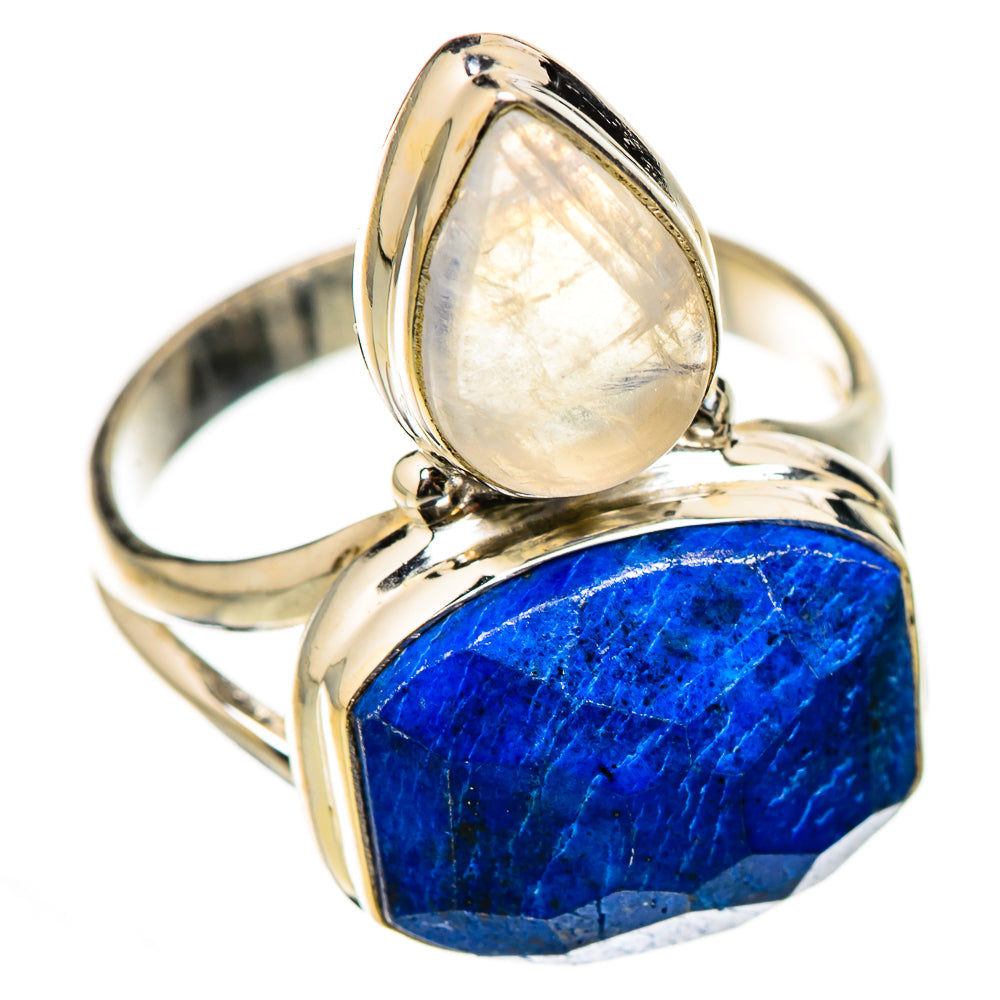 Sterling silver ring with pear-shaped moonstone and faceted blue lapis lazuli