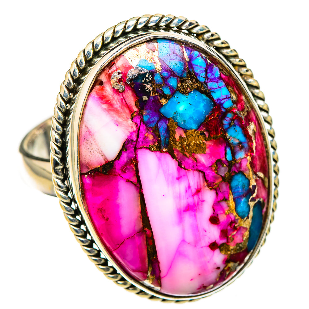 Oval pink and turquoise gemstone ring with crackle mosaic, braided 925 silver bezel