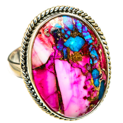 Oval pink and turquoise gemstone ring with crackle mosaic, braided 925 silver bezel