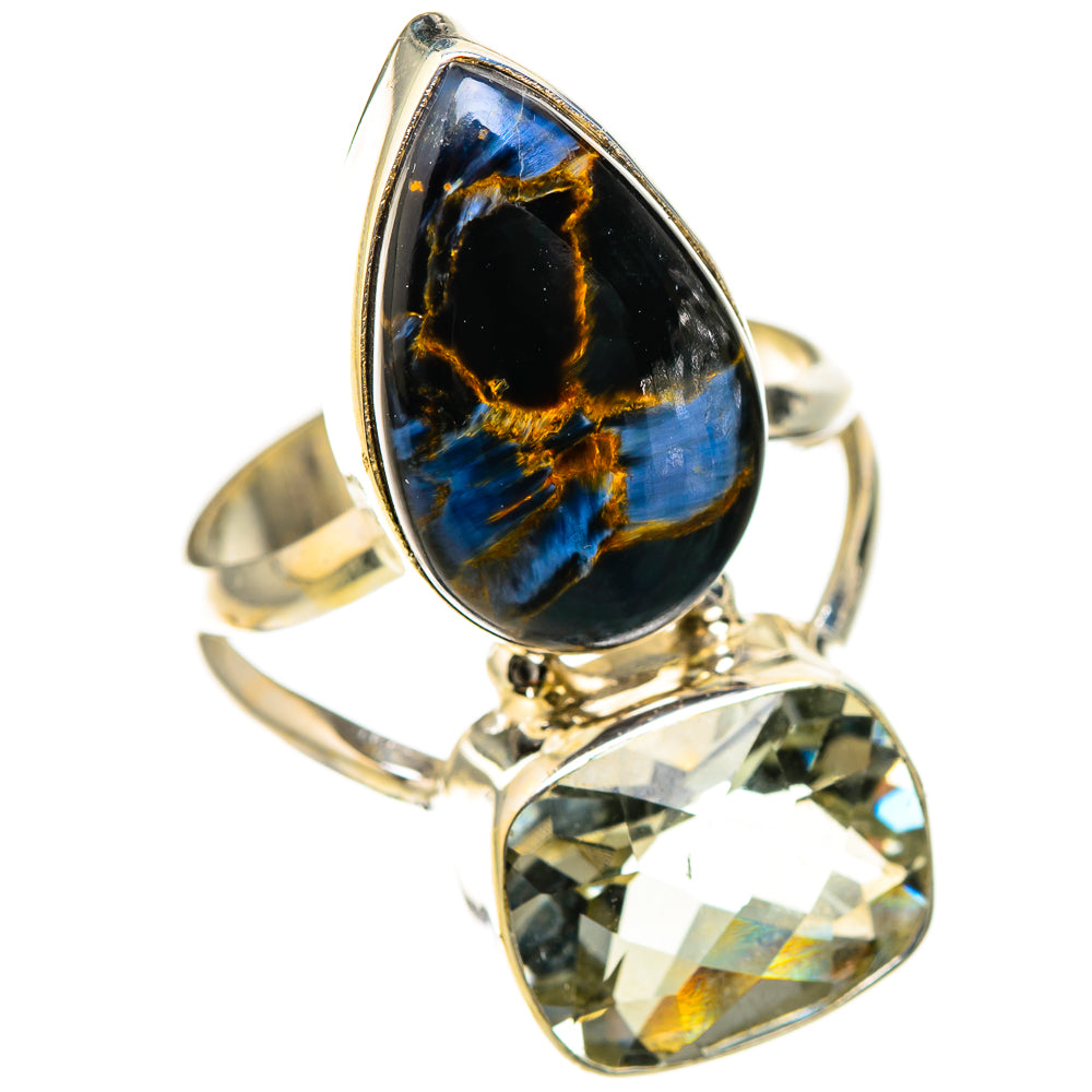 Sterling silver ring with blue pietersite teardrop and clear oval gemstone accents