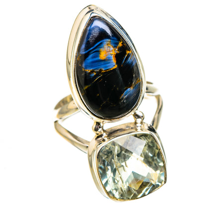 Sterling silver ring with large oval pietersite-style dark gemstone and light faceted stone