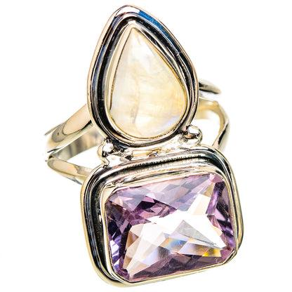 925 sterling silver ring with teardrop moonstone and faceted amethyst centerpiece