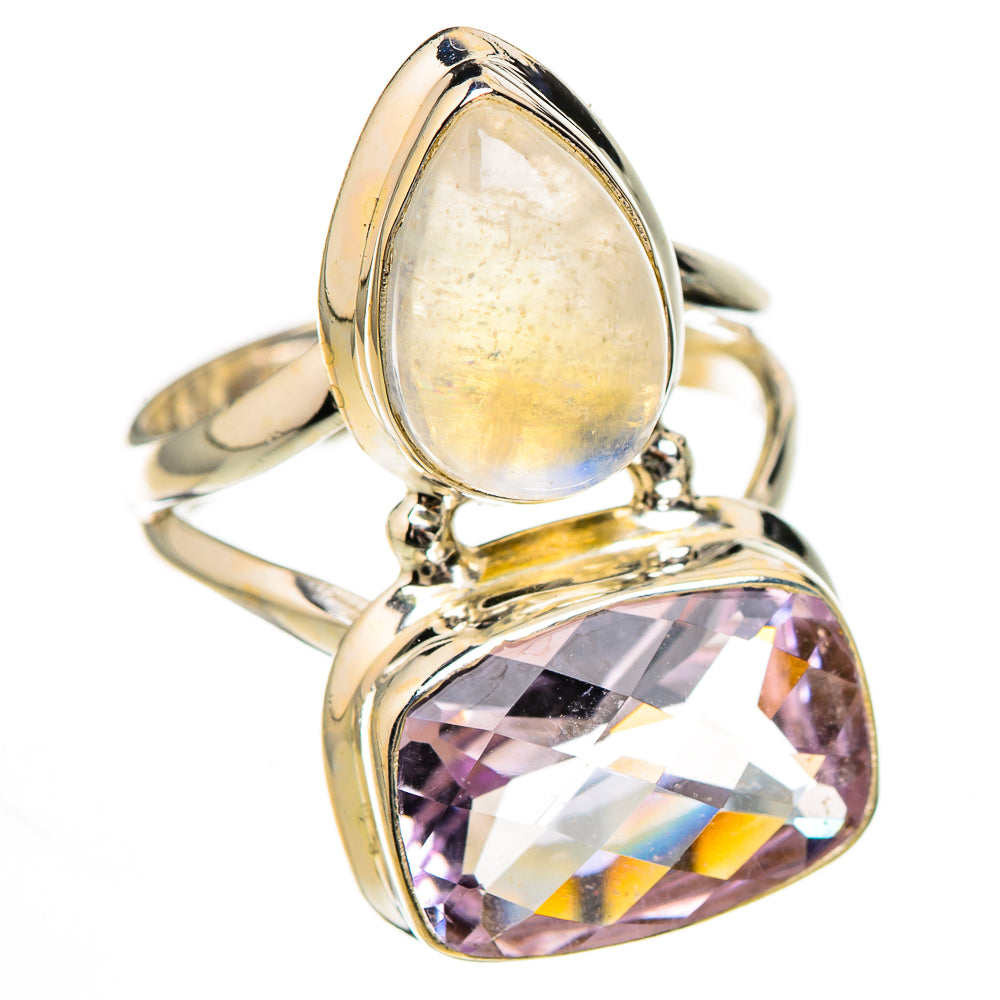 Sterling silver ring with oval rainbow moonstone and faceted heart-shaped pink amethyst