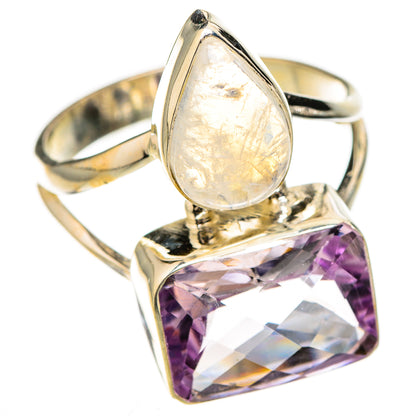 925 sterling silver ring with teardrop moonstone and faceted purple amethyst center