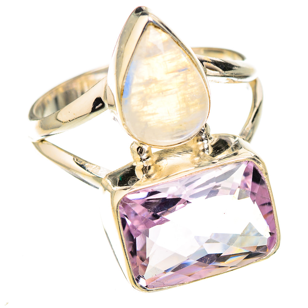 Sterling silver ring with pear opalescent moonstone and faceted pink amethyst cushion