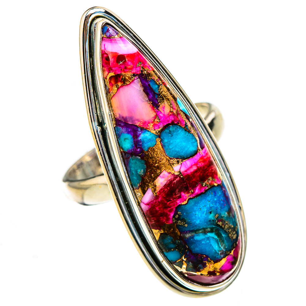 Oval sterling silver ring with bright pink, blue, and gold inlay stone