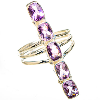 Sterling silver amethyst ring with five faceted pink stones, prong-set, open band