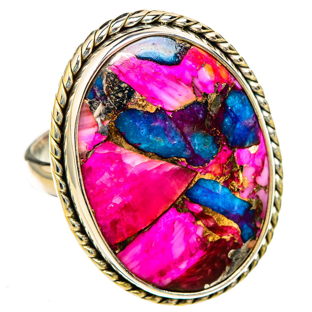 Oval sterling silver ring with rope-edge bezel, vivid pink and blue gemstone mosaic