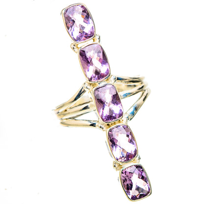 Faceted pink amethyst drop ring with five purple oval stones in sterling silver setting