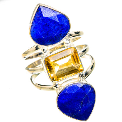 Sterling silver statement ring with two heart lapis blue stones and rectangular citrine yellow