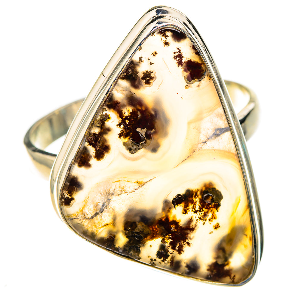 Sterling silver plume agate ring with teardrop cabochon, amber tones and dark inclusions