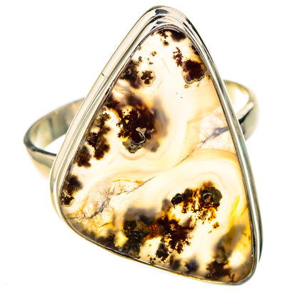 Sterling silver plume agate ring with teardrop cabochon, amber tones and dark inclusions