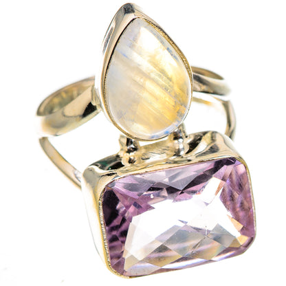 Sterling silver ring with oval rainbow moonstone top and faceted purple amethyst bezel