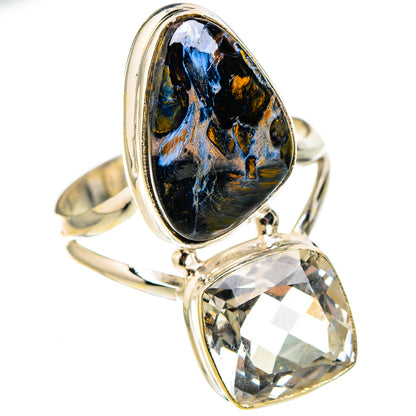 Sterling silver double-stone ring with oval blue-gold pietersite and clear quartz drop