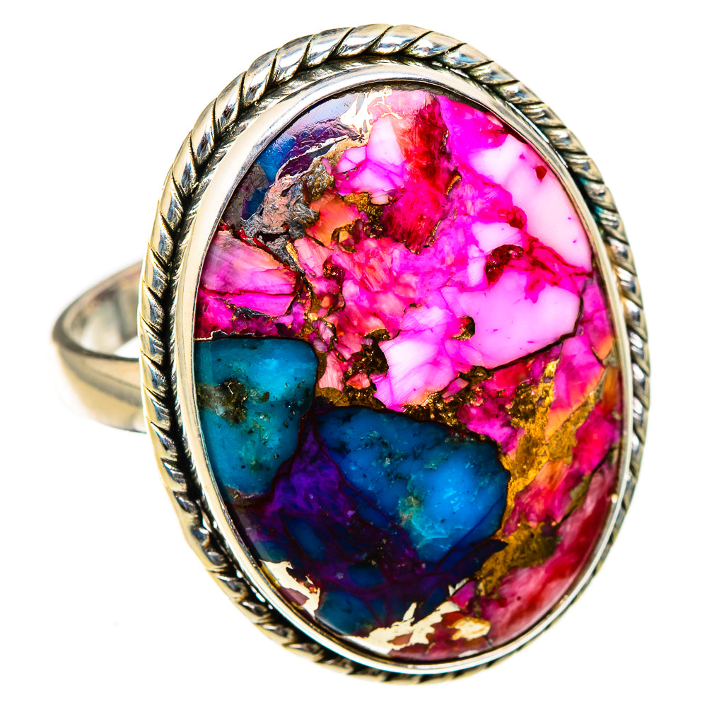 Oval gemstone ring with vivid pink, teal, and gold pattern, rope-edged bezel