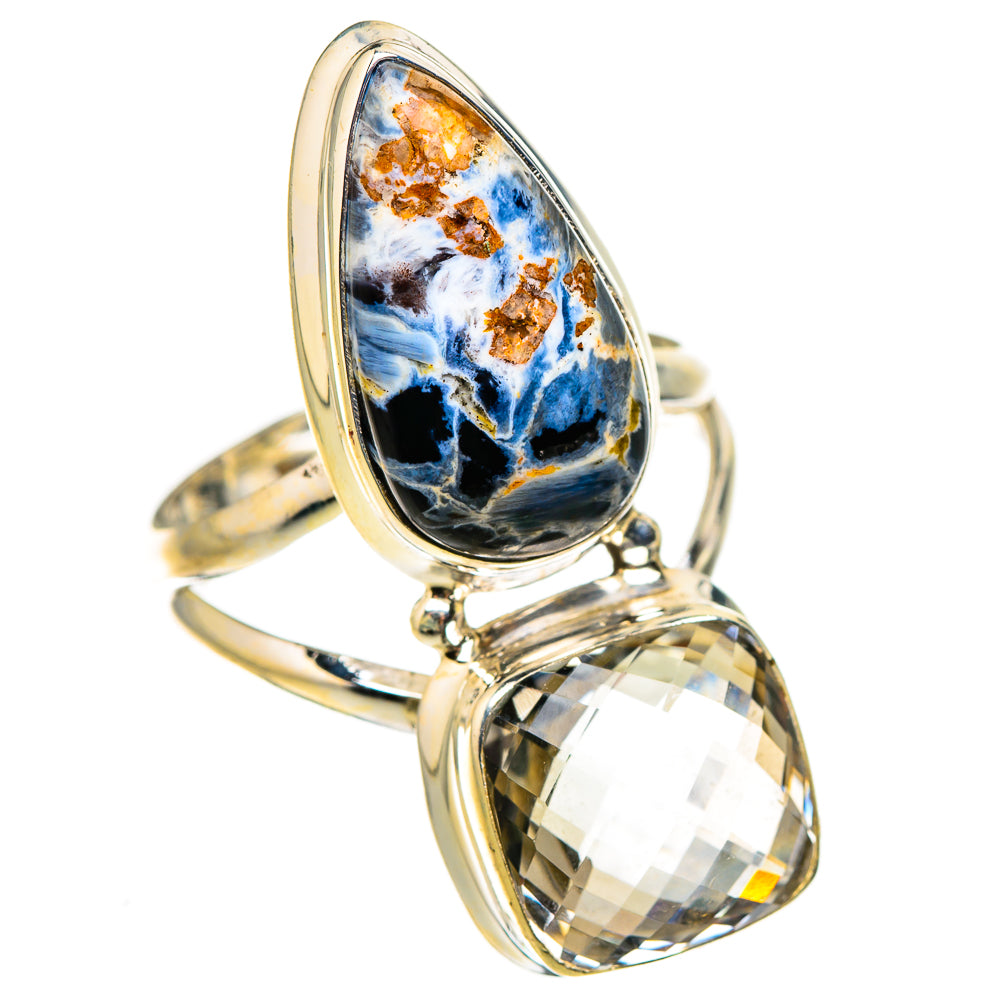 Pietersite and clear quartz teardrop ring, silver-tone setting, size 9