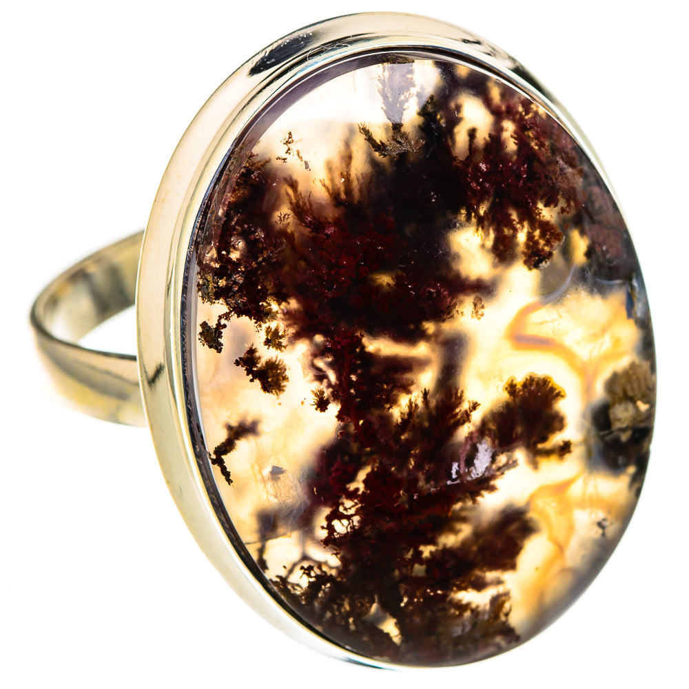 Large 925 sterling silver ring with oval plume agate, brown-gold pattern