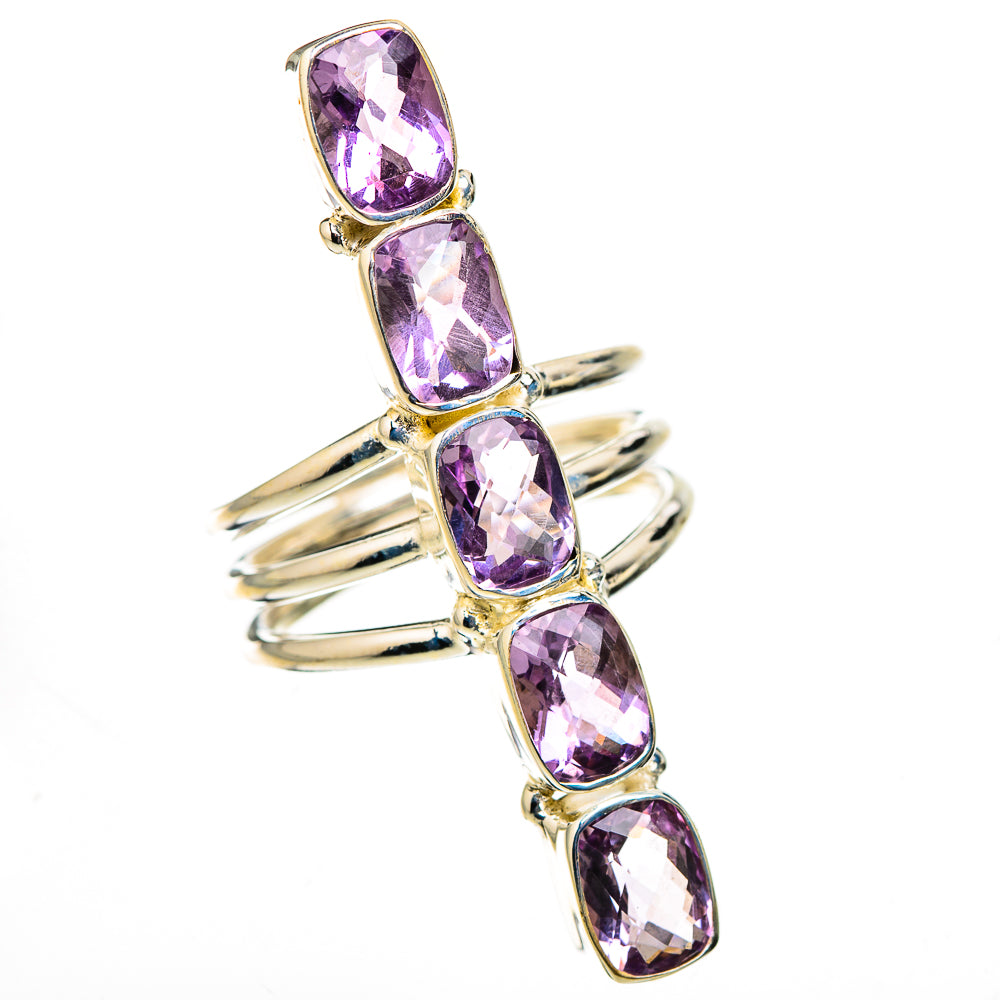 Sterling silver amethyst ring with five faceted oval pink stones, side view