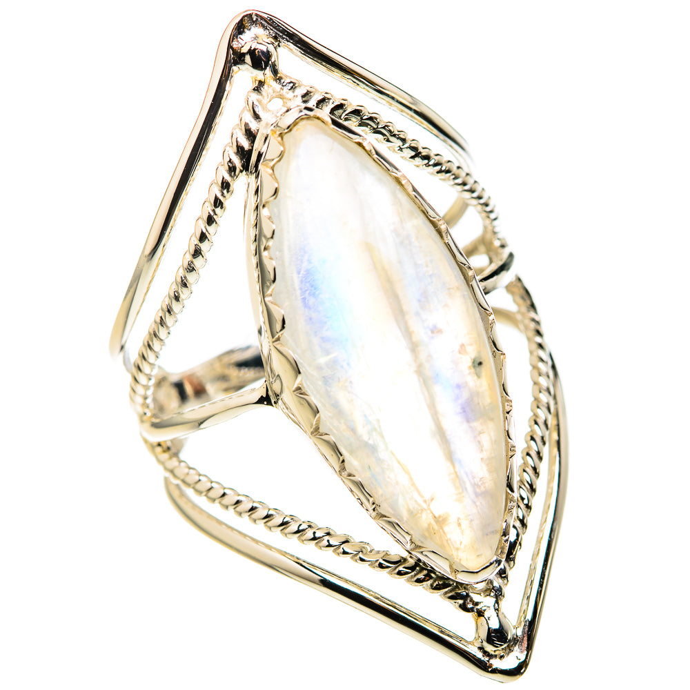 Marquise moonstone ring, rainbow sheen, polished 925 sterling silver, size 9